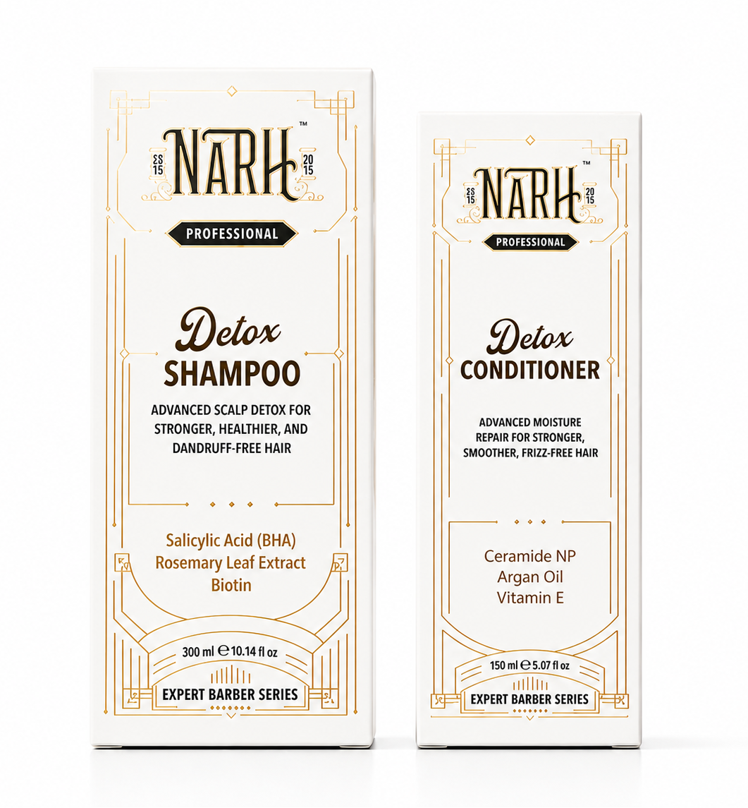 Two Narh Detox Shampoo and Conditioner packages on a white background
