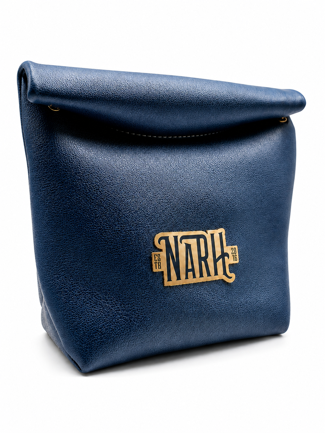 A navy blue textured leather pouch with a roll-top closure and a gold-tone metal &