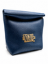 A navy blue textured leather pouch with a roll-top closure and a gold-tone metal &
